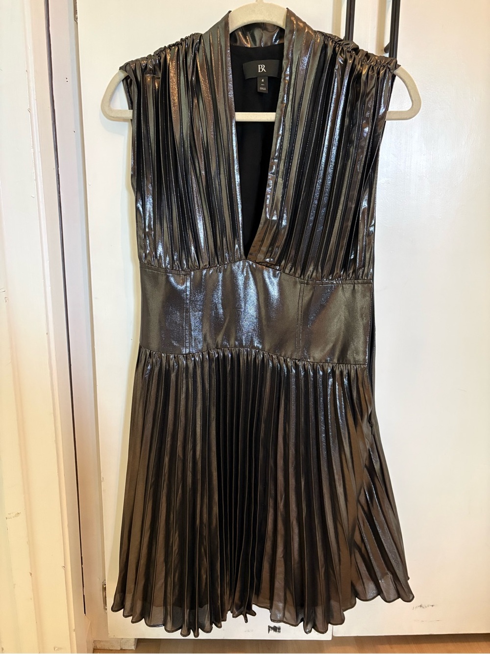 Banana Republic Metallic Gunmetal Pleated V-Neck Mini Dress
